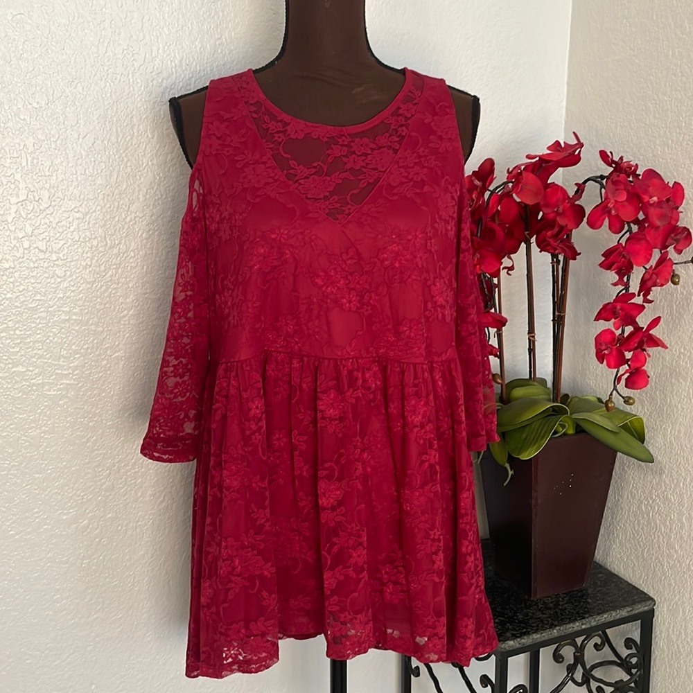 NWT Torrid Rumba Red Stretch Lace Cold Shoulder Long Sleeve Dress 00